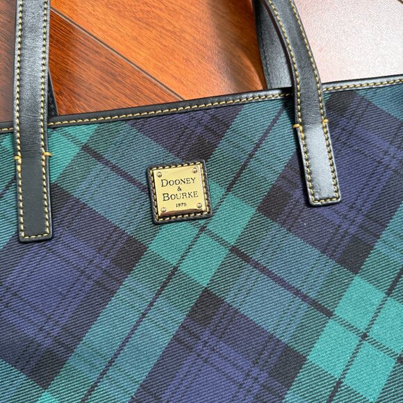 Dooney & Burke Tartan Charleston Navy & Green Plaid Tote Preppy Style - Picture 2 of 8